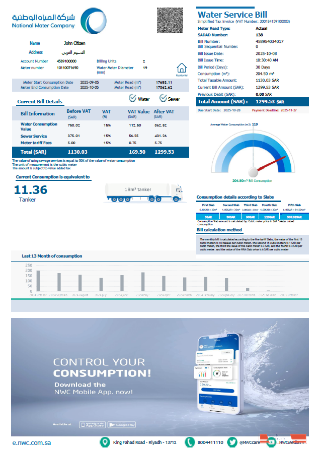 Saudi Arabia National Water Company utility bill template in Word and PDF formats